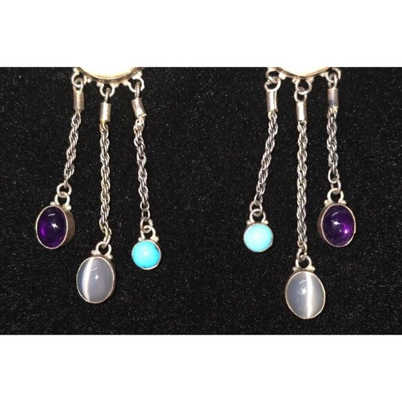 Carved Moon Face Sajen Dangle 925 Earrings Amethyst Turquoise & Moonstone - Picture 2 of 14
